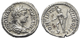 Caracalla (198-217). AR Denarius (19mm, 3.39g, 6h). Rome, AD 205. Laureate and draped bust r. R/ Helmeted Mars standing l., his r. foot set on helmet,...