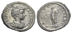 Geta (Caesar, 198-209). AR Denarius (20mm, 3.38g, 12h). Rome, c. 200-5. Bare-headed, draped and cuirassed bust r. R/ Geta standing l., holding branch ...
