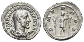 Maximinus I (235-238). AR Denarius (21mm, 3.34g, 6h). Rome, AD 235. Laureate, draped and cuirassed bust r. R/ Emperor standing l. between two signa, r...