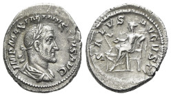 Maximinus I (235-238). AR Denarius (21mm, 3.16g, 6h). Rome, AD 236. Laureate, draped and cuirassed bust r. R/ Salus seated l., feeding from patera a s...