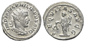Philip I (244-249). AR Antoninianus (22mm, 3.80g, 6h). Rome, AD 246. Radiate, draped and cuirassed bust r. R/ Aequitas standing l., holding scales and...