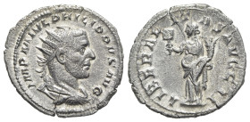 Philip I (244-249). AR Antoninianus (23mm, 3.49g, 6h). Rome, AD 245. Radiate, draped and cuirassed bust r. R/ Liberalitas standing l., holding abacus ...