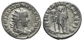 Hostilian (Caesar, 250-251). AR Antoninianus (21mm, 3.13g, 12h). Rome, AD 251. Radiate and draped bust r. R/ Hostilian standing l., holding signum and...