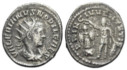 Valerian II (Caesar, 256-258). AR Antoninianus (22mm, 4.35g, 11h). Samosata, 255-6. Radiate, draped and cuirassed bust r. R/ Valerian II holding spear...