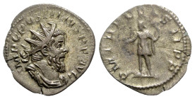 Postumus (260-269). AR Antoninianus (22mm, 2.44g, 12h). Treveri, AD 261. Radiate, draped and cuirassed bust r. R/ Emperor standing l., holding spear a...