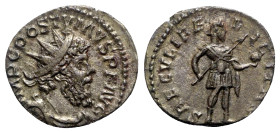 Postumus (260-269). AR Antoninianus (20mm, 2.99g, 12h). Treveri, 266-7. Radiate, draped, and cuirassed bust r. R/ Postumus standing r., holding globe ...