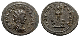 Claudius II (268-270). Radiate (22mm, 3.63g, 6h). Cyzicus. Radiate and draped bust r. R/ Trophy between two bound, seated captives. RIC V 252. Good VF