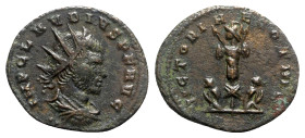Claudius II (268-270). Radiate (21mm, 3.44g, 11h). Cyzicus. Radiate and draped bust r. R/ Trophy between two bound, seated captives. RIC V 252. Dark p...