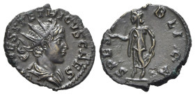 Tetricus II (Caesar, 273-274). Æ Radiate (19mm, 2.49g, 6h). Treveri. Radiate and draped bust r. R/ Spes walking l., holding flower and raising skirt. ...