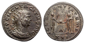Tacitus (275-276). Radiate (22mm, 3.93g, 11h). Antioch, AD 276. Radiate, draped and cuirassed bust r. R/ Emperor standing r., holding sceptre, receivi...