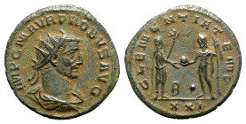 Probus (276-282). Radiate (21.5mm, 3.43g, 11h). Antioch, AD 280. Radiate, draped and cuirassed bust r. R/ Emperor standing r., holding sceptre, receiv...