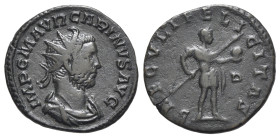 Carinus (283-285). Radiate (21mm, 3.67g, 6h). Lugdunum, 283-4. Radiate, draped and cuirassed bust r. R/ Prince standing l., holding spear and globe; D...