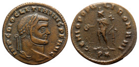 Diocletian (284-305). Æ Follis (27mm, 7.86g, 12h). Rome, AD 299. Laureate head r. R/ Genius standing l., wearing modius on head, holding patera and co...