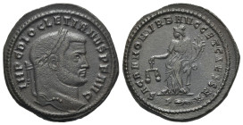 Diocletian (284-305). Æ Follis (30mm, 10.55g, 6h). Rome, 300-1. Laureate head r. R/ Moneta standing l., holding scales and cornucopia; P-thunderbolt. ...