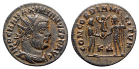 Maximianus (286-305). Æ Radiate (21mm, 3.75g, 6h). Cyzicus, 295-9. Radiate, draped and cuirassed bust r. R/ Jupiter presenting Victory on globe to Max...