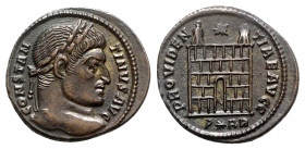 Constantine I (307/310-337). Æ Follis (19mm, 2.97g, 6h). Arelate, 324-5. Laureate head r. R/ Camp gate; star above; P-star-AR. RIC VII 280. Good EF