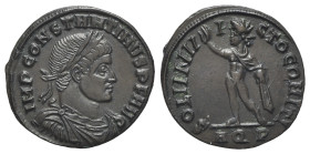 Constantine I (307/310-337). Æ Follis (21mm, 2.68g, 6h). Aquileia, 316-7. Laureate, draped and cuirassed bust r. R/ Sol standing l., r. hand raised, h...