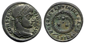 Constantine I (307/310-337). Æ Follis (19mm, 2.49g, 6h). Siscia, 320-1. Laureate head r. R/ VOT/XX in two lines within wreath; ΔSIS-star. RIC VII 159....
