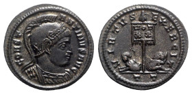Constantine I (307/310-337). Æ Follis (20mm, 3.62g, 6h). Ticinum, 319-320. Helmeted and cuirassed bust r. R/ Two captives seated at base of standard i...