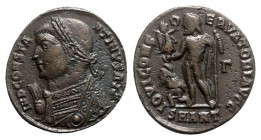 Constantine I (307/310-337). Æ Follis (18.5mm, 2.98g, 6h). Antioch, 317-320. Laureate bust l., wearing consular robes and holding sceptre, globe and m...