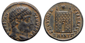 Constantine I (307/310-337). Æ Follis (19mm, 3.57g, 6h). Antioch, 326-7. Laureate head r. R/ Camp-gate with no doors and two turrets, star above; •//S...
