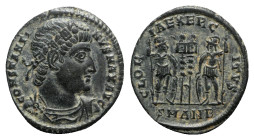 Constantine I (307/310-337). Æ Follis (17mm, 2.58g, 12h). Antioch, c. 333-5. Rosette-diademed, draped and cuirassed bust r. R/ Two soldiers standing f...