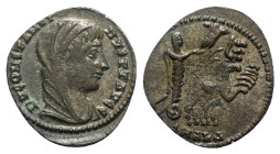 Divus Constantine I (died 337). Æ (15.5mm, 1.13g, 6h). Alexandria, 337-340. Veiled bust r. R/ Emperor driving quadriga r., the hand of God reaching do...