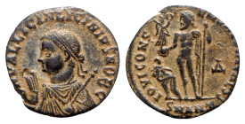 Licinius II (Caesar, 317-324). Æ Follis (17.5mm, 2.60g, 6h). Antioch, 317-320. Laureate and draped bust l., holding mappa, globe and sceptre. R/ Jupit...