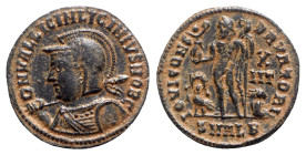 Licinius II (Caesar, 317-324). Æ Follis (19mm, 2.53g, 12h). Alexandria, 321-4. Helmeted and cuirassed bust l., holding spear over shoulder and shield....