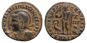 Licinius II (Caesar, 317-324). Æ Follis (18mm, 3.46g, 12h). Alexandria, 321-4. Helmeted and cuirassed bust l., holding spear over shoulder and shield....