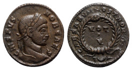 Crispus (Caesar, 323-324). Æ Follis (18mm, 3.14g, 12h). Arelate, AD 321. Laureate head r. R/ VOT V within wreath; T-crescent-A. RIC VII 235. Brown pat...