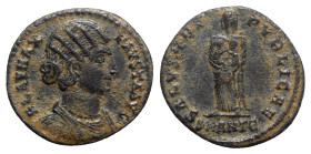 Fausta (Augusta, 324-326). Æ Follis (19mm, 3.51g, 5h). Antioch, 325-6. Bareheaded and draped bust r. R/ Fausta standing facing, head ., holding two ch...