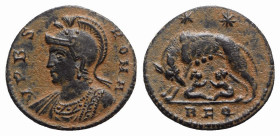 Commemorative series, c. 330-354. Æ (17mm, 2.59g, 12h). Rome, AD 330. Helmeted and draped bust or Roma l. R/ She-wolf standing l., head turned r., suc...