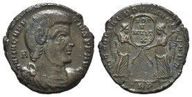 Magnentius (350-353). Æ (22mm, 4.90g, 12h). Treveri, AD 351. Bareheaded, draped and cuirassed bust r.; A behind. R/ Two Victories standing facing one ...