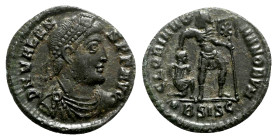 Valens (364-378). Æ (18.5mm, 2.33g, 12h). Siscia, 364-7. Pearl-diademed, draped and cuirassed bust r. R/ Emperor advancing r., dragging captive; •BSIS...