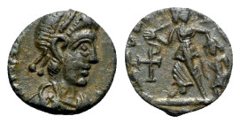 Valentinian II ? (375-392). Æ (10mm, 1.009g, 12h). Uncertain mint. Pearl-diademed, helmeted, draped and cuirassed bust r., holding spear and shield. R...
