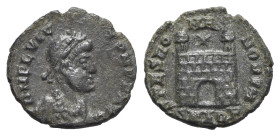 Flavius Victor (387-388). Æ (13mm, 0.99g, 12h). Aquileia. Pearl-diademed, draped and cuirassed bust r. R/ Camp gate with two turrets; star above; SMAQ...