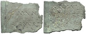 Roman Bronze Military Diploma (52mm, 33.41g). C MVNA[…] / L LVCRE[…]. R/ SINGVLI[…] IMP CAESAR E DO[…]. Green patina, scratches on one side