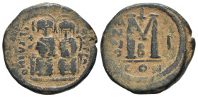 Justin II and Sophia (565-578). Æ 40 Nummi (29mm, 15.09g, 6h). Constantinople, year 1 (565/6). Justin and Sophia, both nimbate, seated facing. R/ Larg...