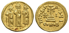 Heraclius with Heraclius Constantine and Heraclonas (610-641). AV Solidus (19.5mm, 4.39g, 6h). Constantinople, year 10 (636/7). Heraclonas, Heraclius ...