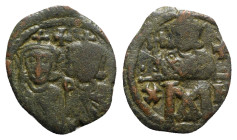 Constantine V and Leo IV (741-775). Æ 40 Nummi (18mm, 1.70g, 6h). Constantinople, 751-769. Crowned and draped facing busts of Constantine V, wearing s...