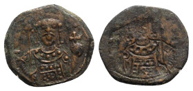 Manuel I (1143-1180). Brockage Æ Half Tetarteron (16mm, 1.93g, 12h). Thessalonica, 1143-1152. Crowned facing bust of Michael, holding labarum and glob...