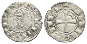 Crusaders, Antioch. Bohemund IV or V (1201-1251). BI Denier (18mm, 0.95g, 11h). Helmeted and mailed head l.; crescent before, star behind. R/ Cross pa...
