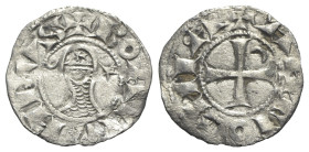 Crusaders, Antioch. Bohemund IV or V (1201-1251). BI Denier (18mm, 0.73g, 12h). Helmeted and mailed head l.; crescent before, star behind. R/ Cross pa...