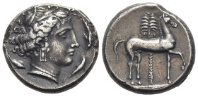 Sicily, Entella. Punic issues, c. 345/38-320/15 BC. Replica of AR Tetradrachm (25mm, 17.23g, 10h). Head of Arethusa r., wearing wreath of grain ears; ...