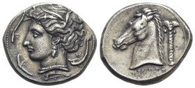 Sicily, Entella. Punic issues, c. 320/15-300 BC. Replica of Tetradrachm (27mm, 17.23g, 6h). Head of Arethousa l., wearing wreath of grain ears; four d...