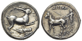 Sicily, Messana, c. 420-413 BC. Replica of AR Tetradrachm (27mm, 17.41g, 6h). Charioteer driving biga l., holding kentron and reins; two dolphins in e...