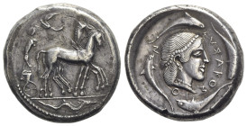 Sicily, Syracuse, 466-405 BC. Replica of AR Tetradrachm (26mm, 17.28g, 9h), c. 450-440 BC. Charioteer driving quadriga r.; above, Nike flying r., crow...