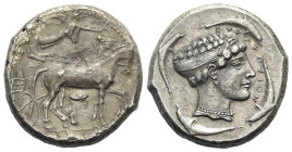 Sicily, Syracuse, 466-405 BC. Replica of AR Tetradrachm (25mm, 17.40g, 11h). Charioteer driving quadriga r.; above, Nike flying r., crowning horses. R...