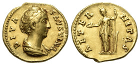 Diva Faustina Senior (Died AD 140/1). Replica of AV Aureus (19mm, 7.32g, 6h). Draped bust right, with hair bound in pearls. R/ Fortuna standing left, ...